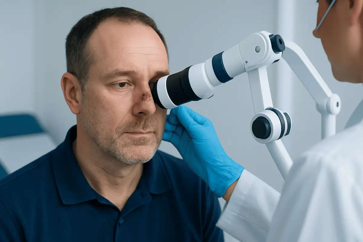 Dermatologist examining a man's nose with a magnifying device.