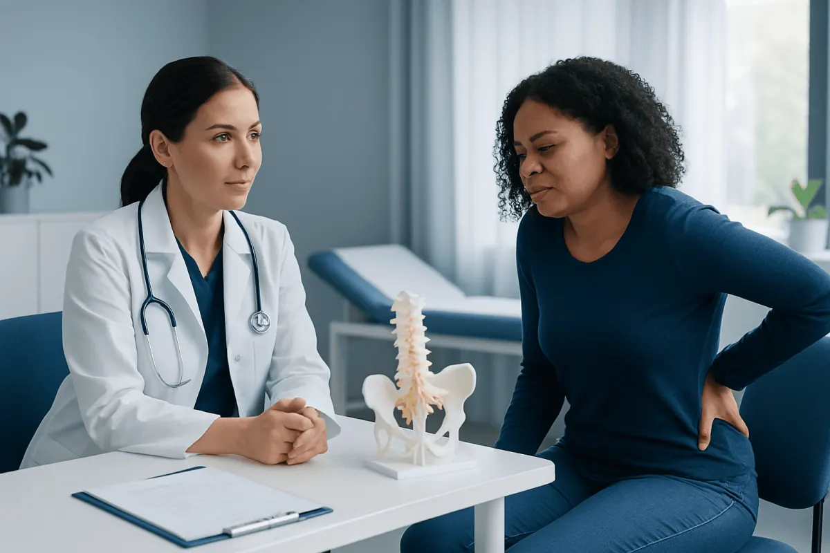 Doctor consulting patient with spine model in clinic setting.