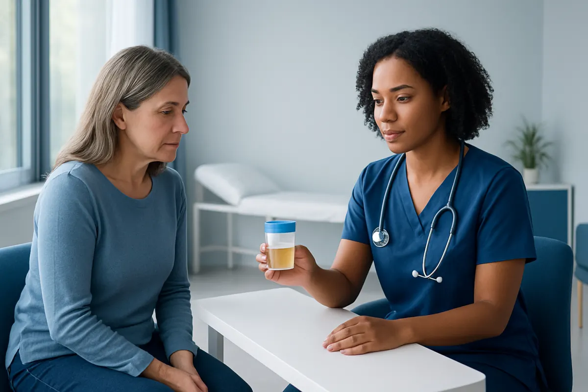 Doctor explaining medication to a patient in a clinical setting.