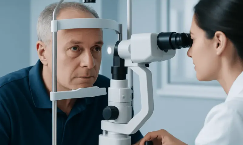 Ophthalmologist examining patient's eye with slit lamp microscope.