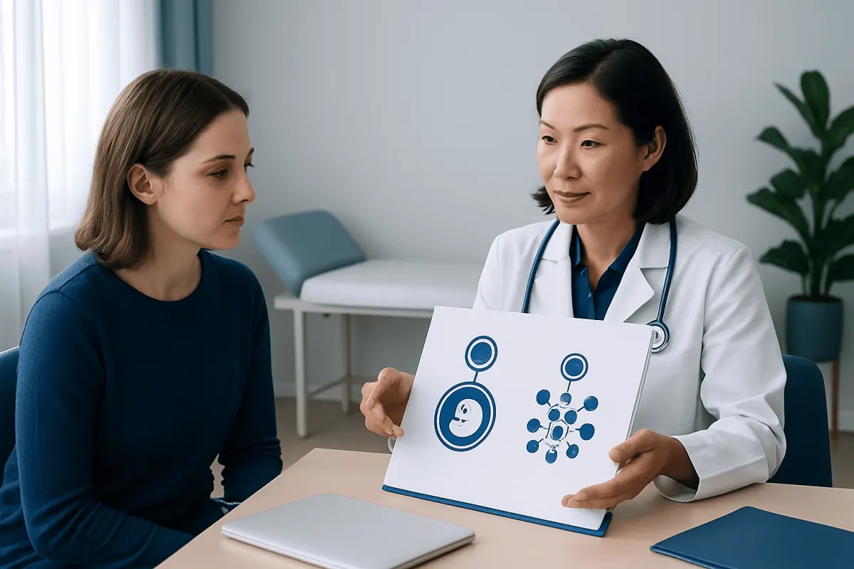Doctor explaining stem cell types to a patient in a medical consultation.