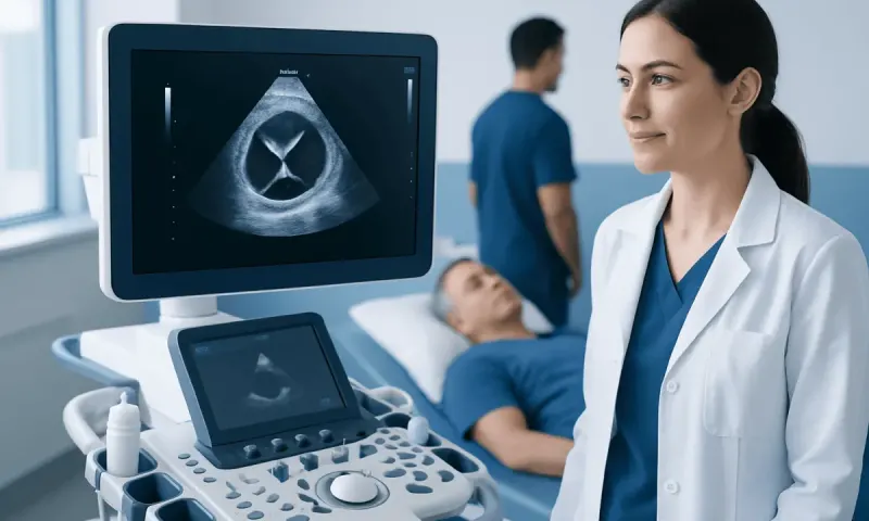 Medical professional reviewing an ultrasound of the heart in a hospital setting.