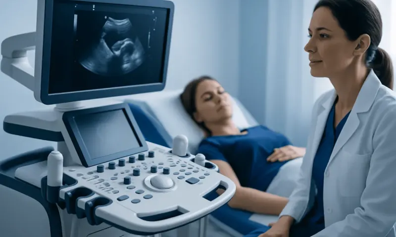 Medical professional performing ultrasound on patient in hospital room.
