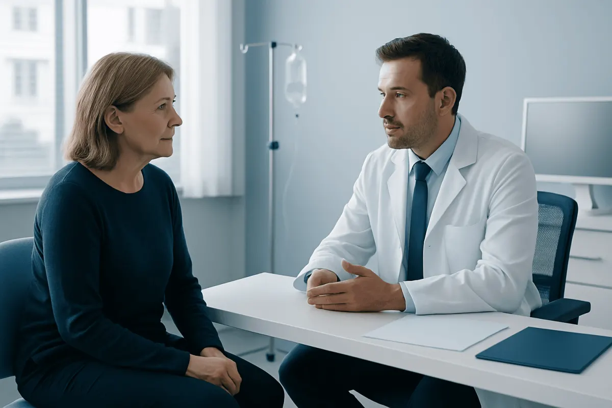 Doctor consulting with a female patient in a modern hospital room.