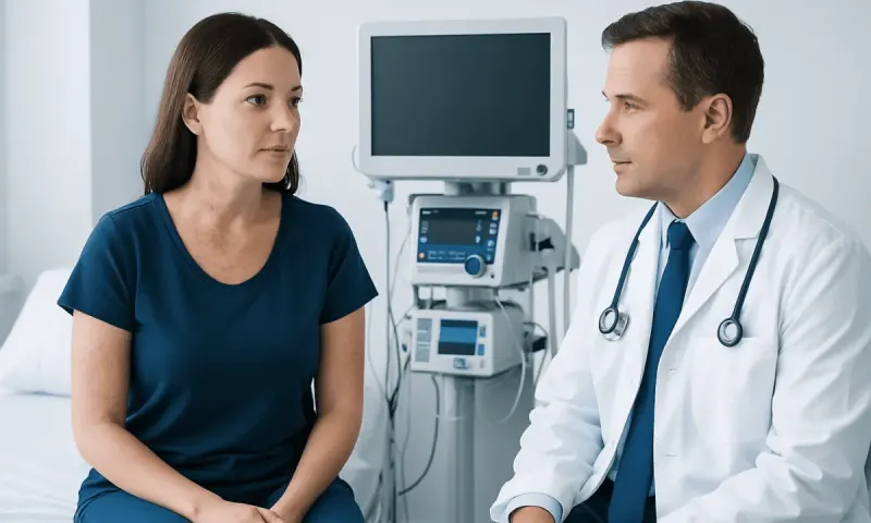 Doctor consulting female patient in hospital room with medical equipment.