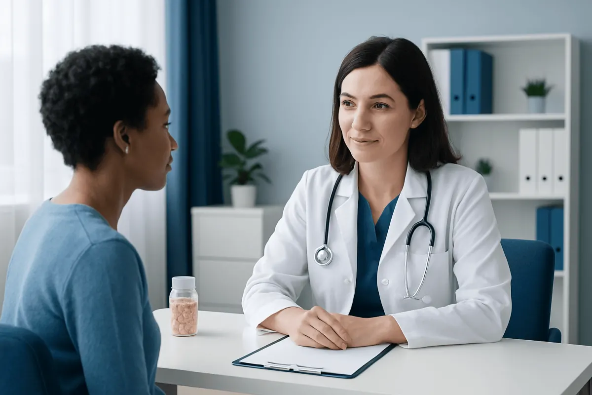 Doctor consulting with a patient in a modern hospital office setting.