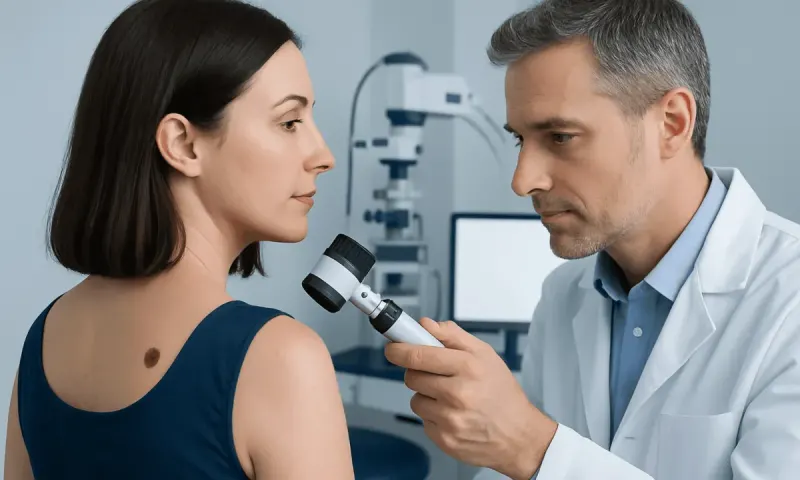 Dermatologist examining a woman's skin for early signs of skin cancer.