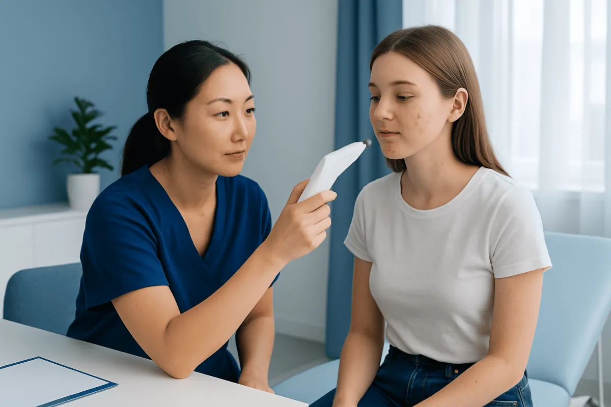Dermatologist examining a young woman's face with a skin scanner device.