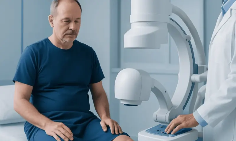 Doctor performing a diagnostic test on a male patient in a medical clinic.