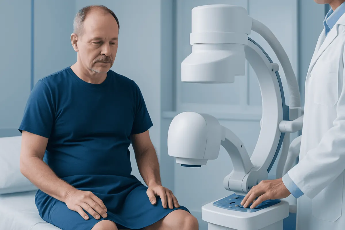 Doctor performing a diagnostic test on a male patient in a medical clinic.