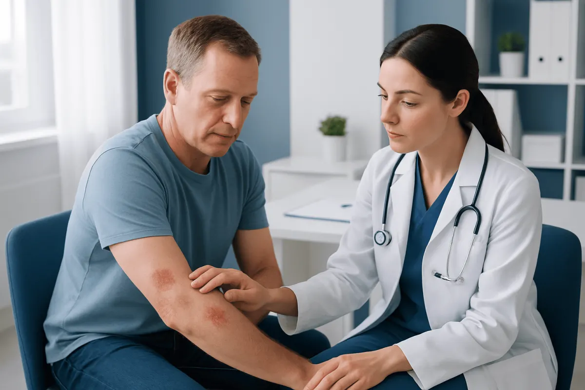 Doctor examines skin rash on male patient's arm in clinic setting.