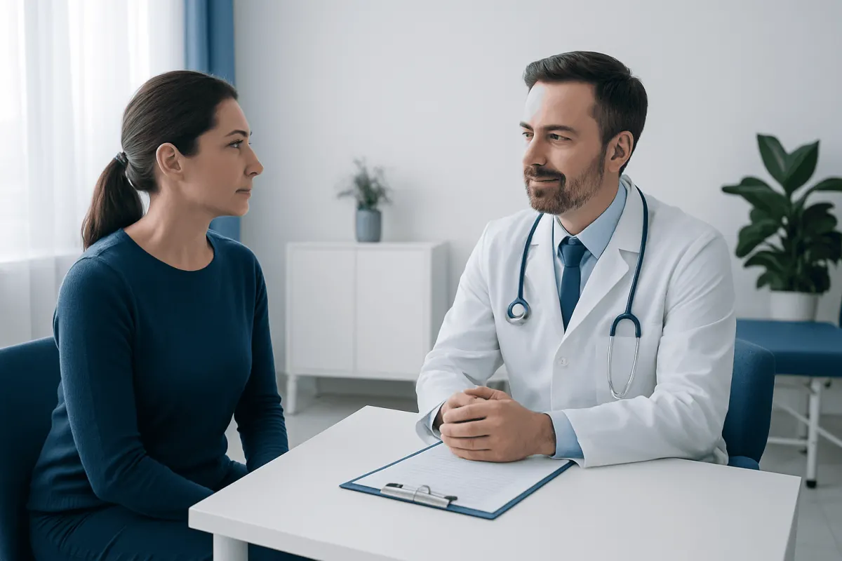 Doctor consulting with a female patient in a medical office setting.