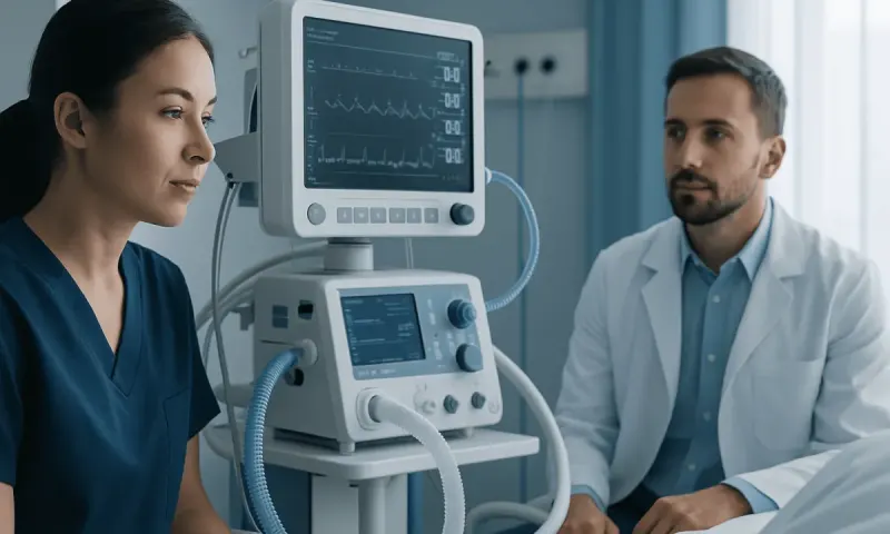 Medical professionals monitor patient using advanced ventilator equipment.