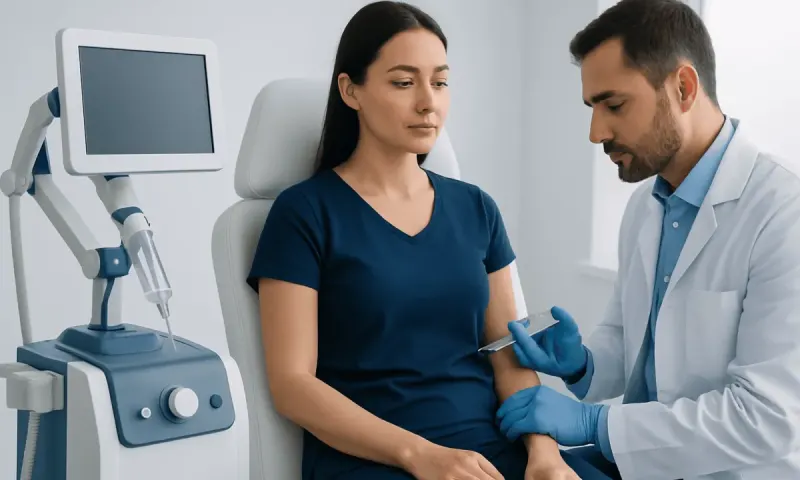 Doctor administering a shot to a woman in a medical clinic.