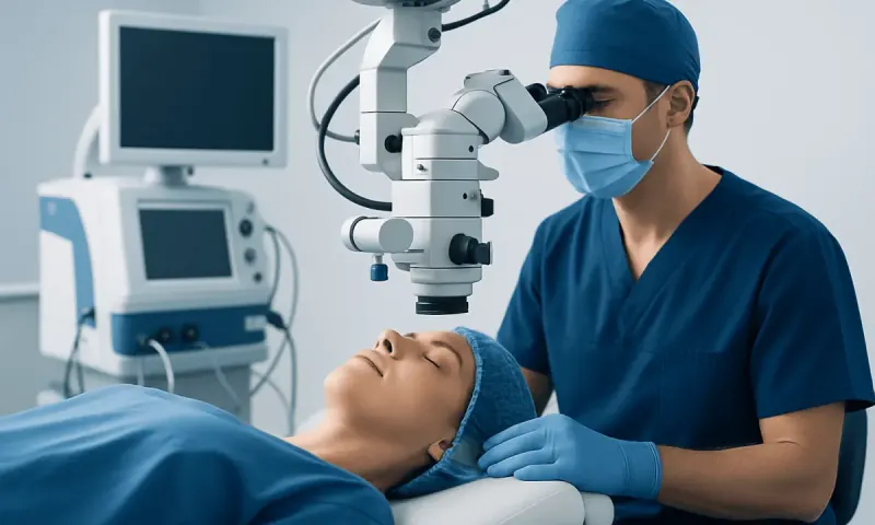 Surgeon performing eye surgery with advanced microscope at Acibadem Hospital.