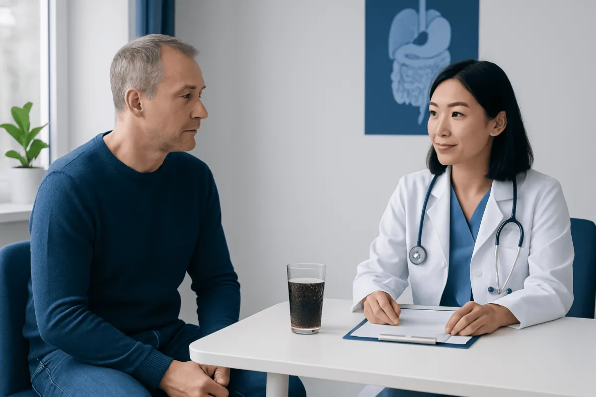 Doctor consulting with a patient about gallbladder health and diet.