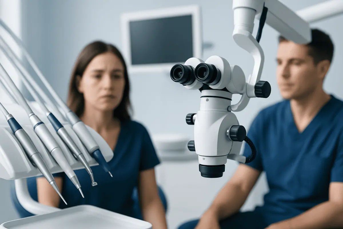 Dental professionals using advanced equipment in a clinical setting.