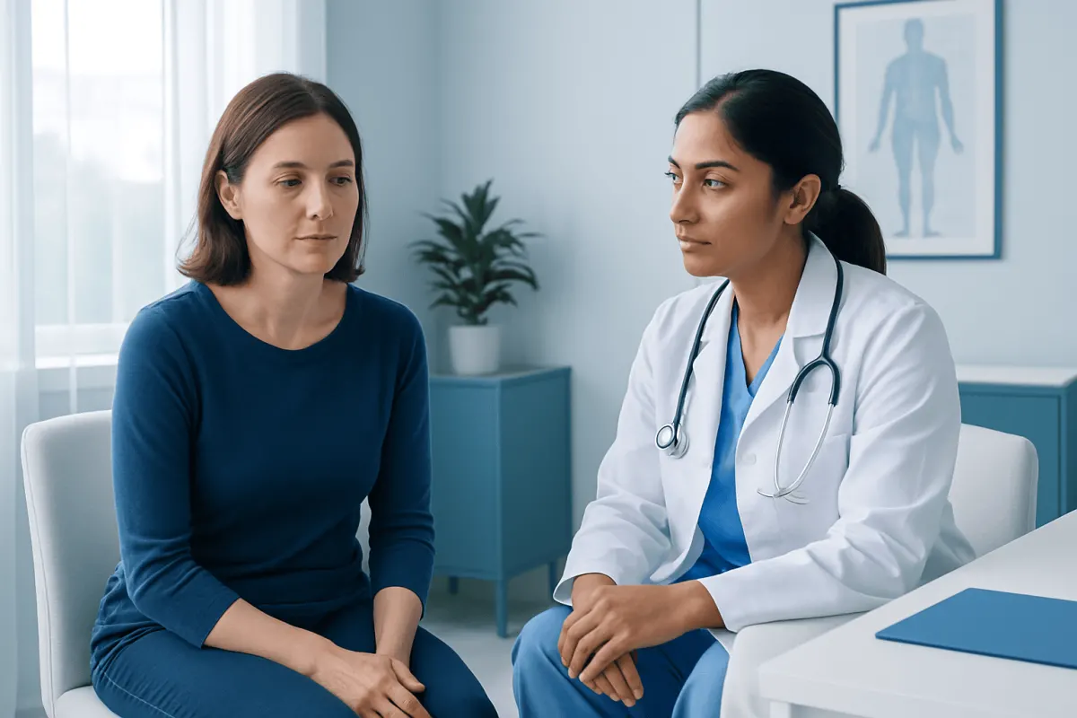 Doctor consulting with a female patient in a medical office.