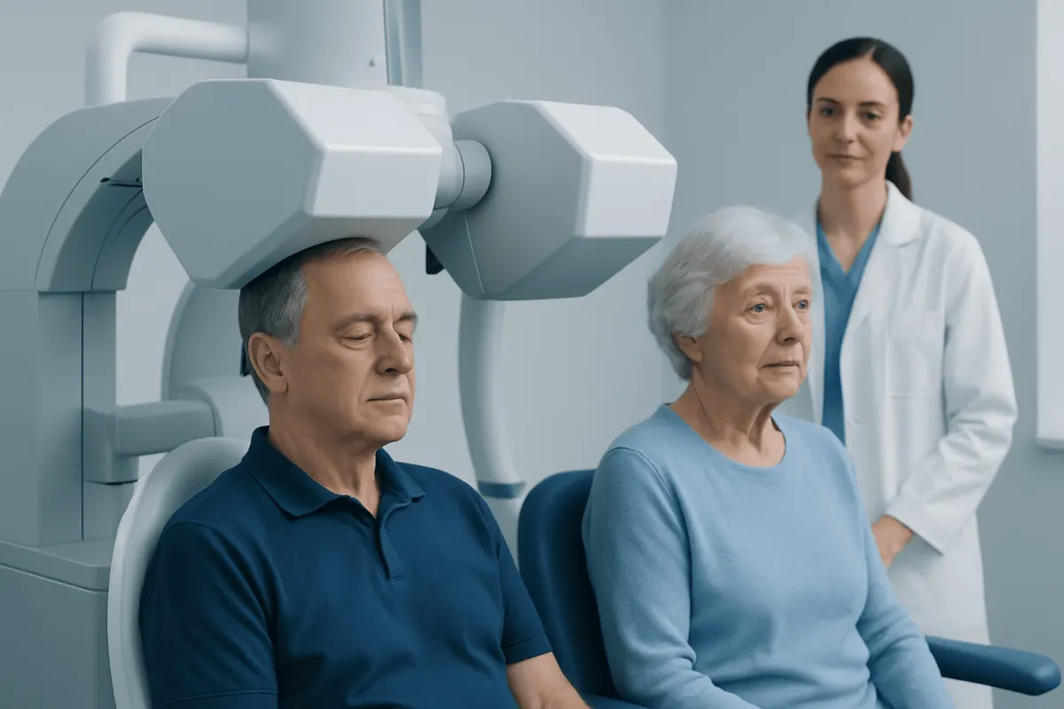 Medical staff conducting neurological tests on elderly patients at Acibadem Hospital.