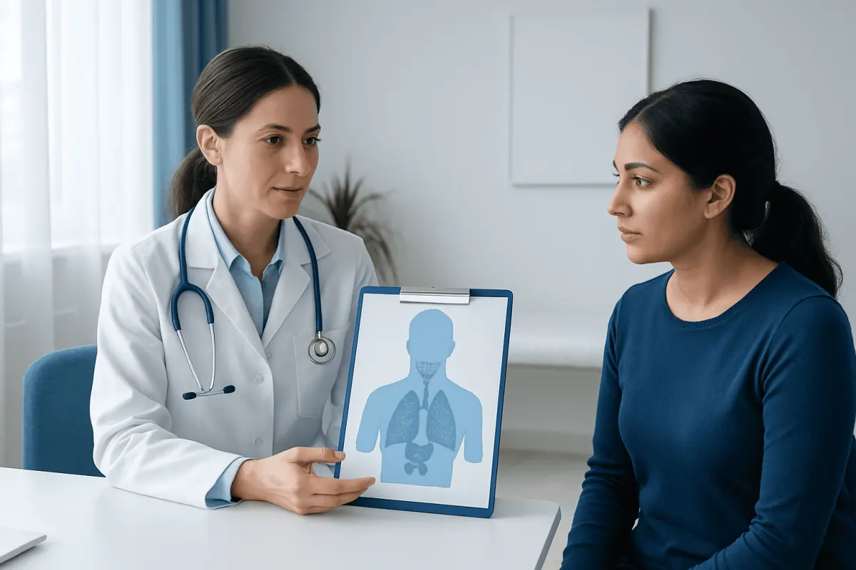 Doctor explaining thyroid and thymus differences to patient in consultation room.