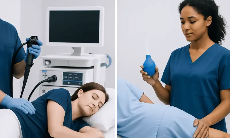 Medical professionals perform colonoscopy and enema procedures in a clinical setting.
