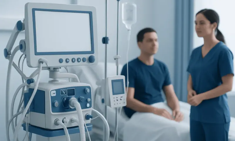 Medical ventilator and healthcare professionals in hospital room.