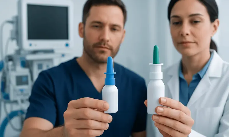 Medical professionals holding nasal spray bottles in a clinical setting.