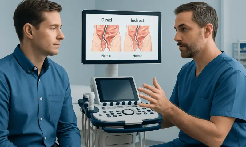 Doctor explains direct and indirect hernia differences using ultrasound.