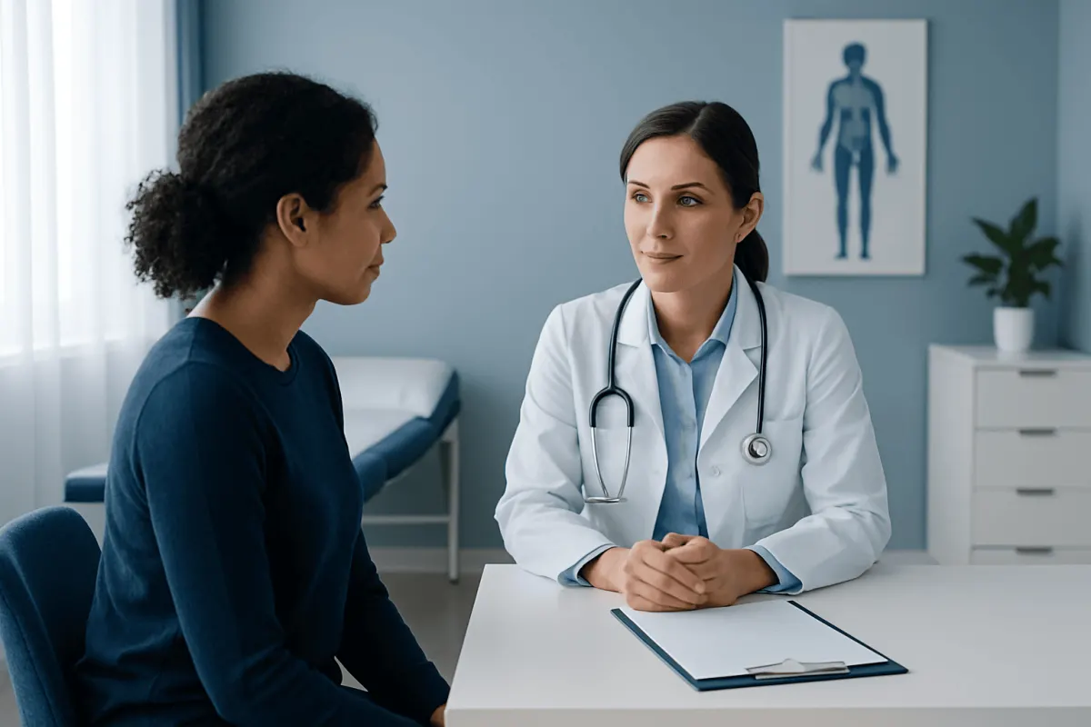 Doctor consulting with patient in a medical office setting.
