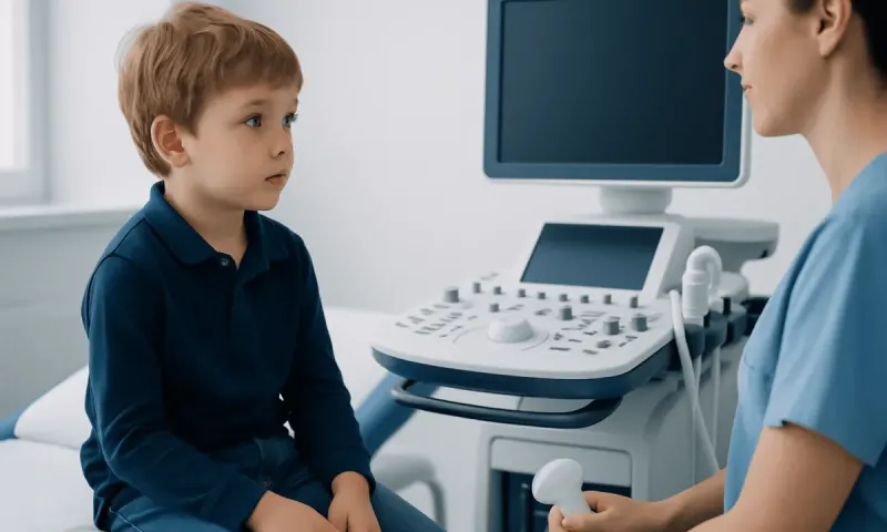Child undergoing an ultrasound examination in a medical clinic.