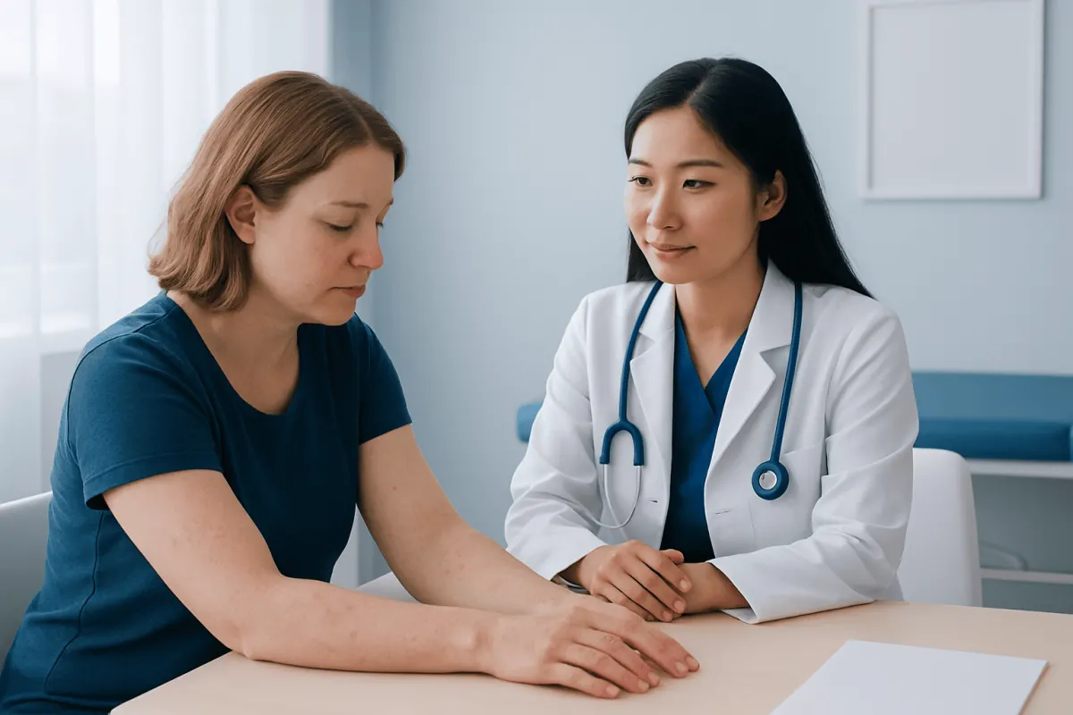 Doctor examining patient's arm in a medical consultation room.
