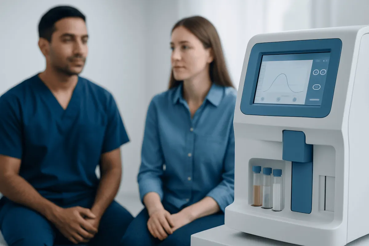 Medical professionals discussing kidney function tests with diagnostic equipment present.
