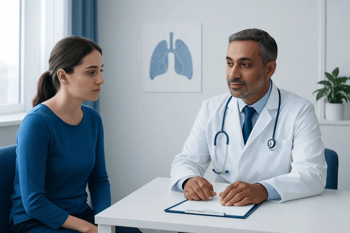 Doctor consulting with a young woman in a medical office with lung diagram.