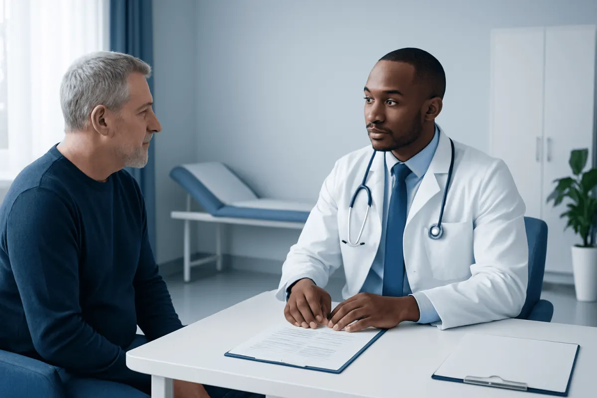 Doctor consulting with a patient in a modern medical office setting.