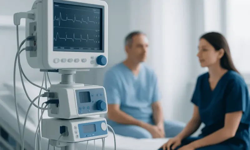 Medical monitor displaying heart rate in a hospital setting with two healthcare professionals.