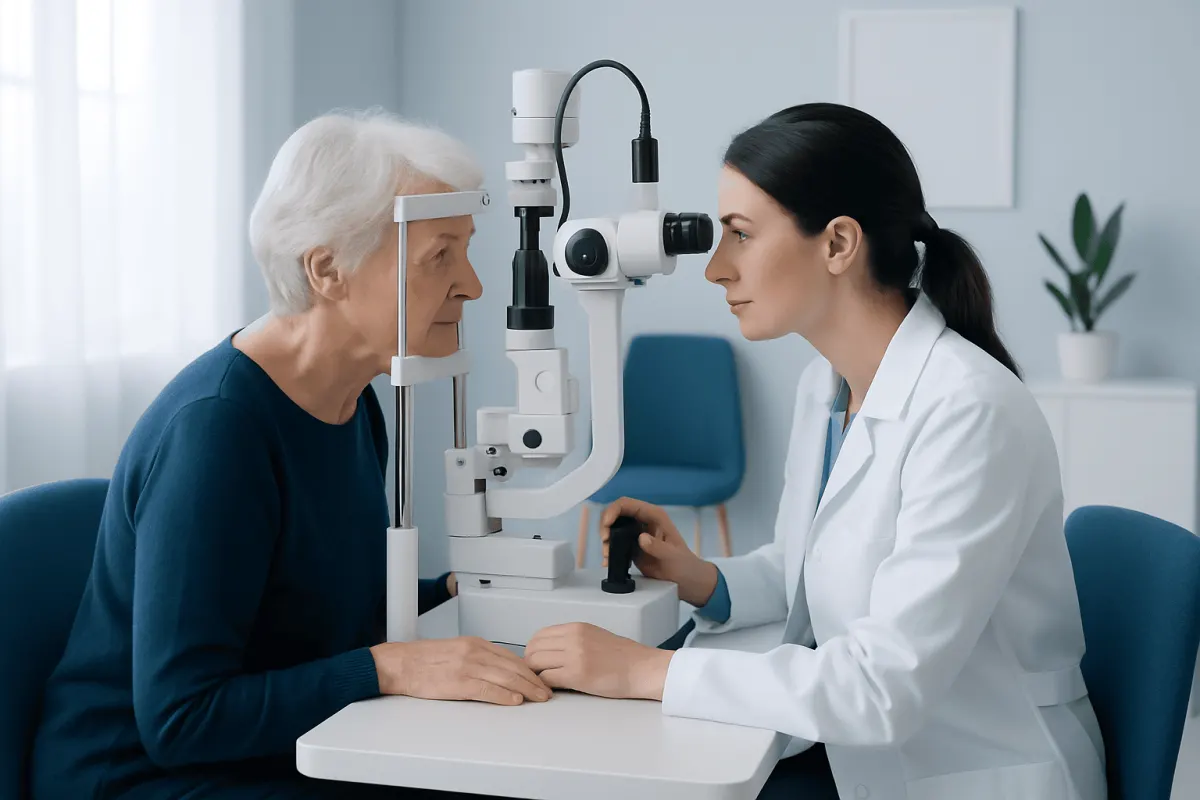 Ophthalmologist examining elderly patient's eye with slit lamp.