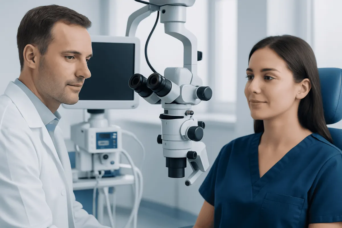 ENT specialist examining a patient with advanced medical equipment.
