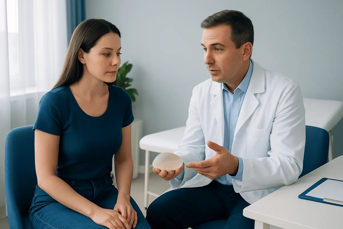 Doctor explaining breast augmentation options to a patient in consultation.