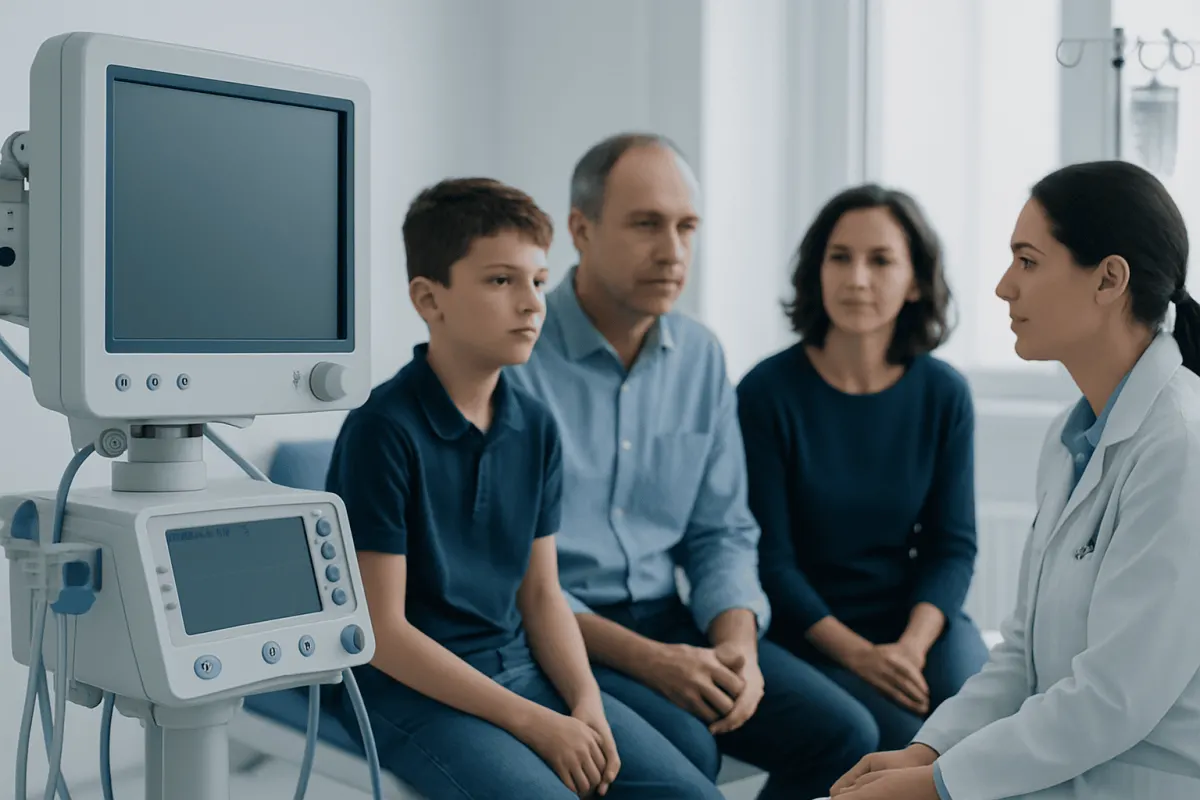 Doctor explaining medical results to a family in a hospital setting.