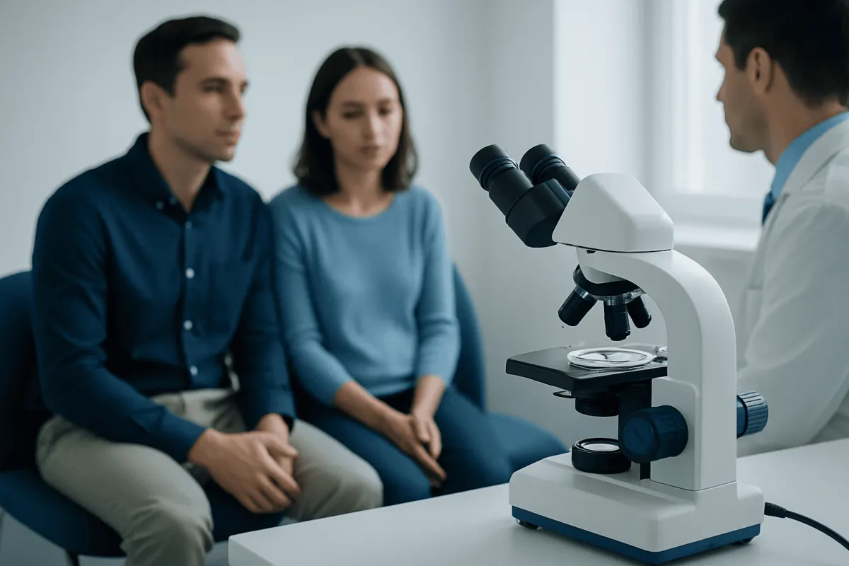 Doctor explains fertility options to a couple in a clinic setting.