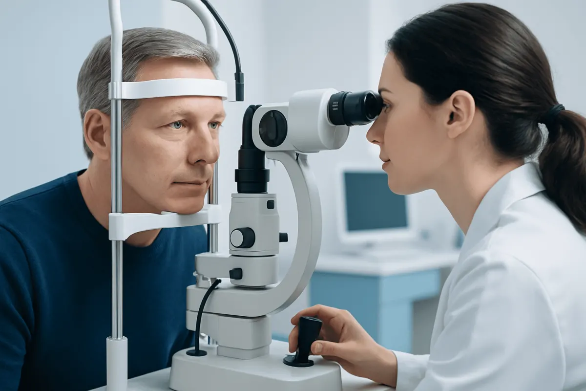 Ophthalmologist examining a patient's eye with slit lamp in clinic.