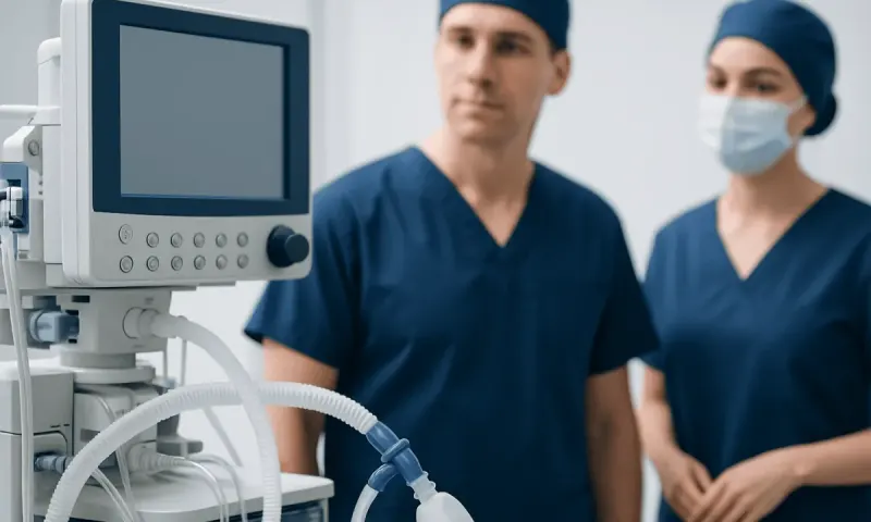 Medical professionals in scrubs and masks with ventilator equipment in hospital.