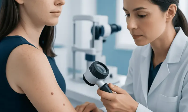 Dermatologist examining a patient's skin with a dermatoscope in a clinical setting.