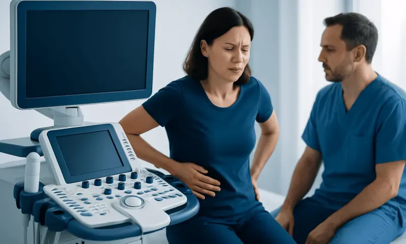 Woman experiencing abdominal pain during medical ultrasound examination.
