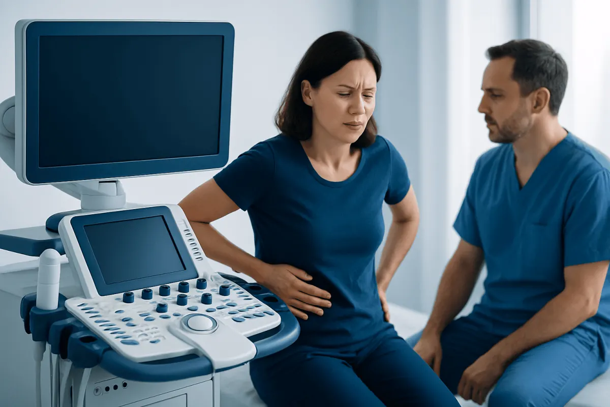 Woman experiencing abdominal pain during medical ultrasound examination.