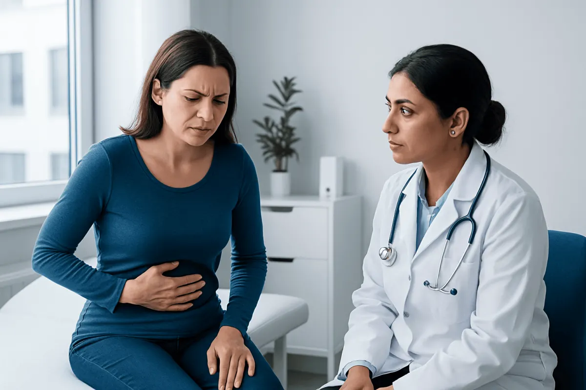 Woman with abdominal pain consulting a doctor in a medical office.