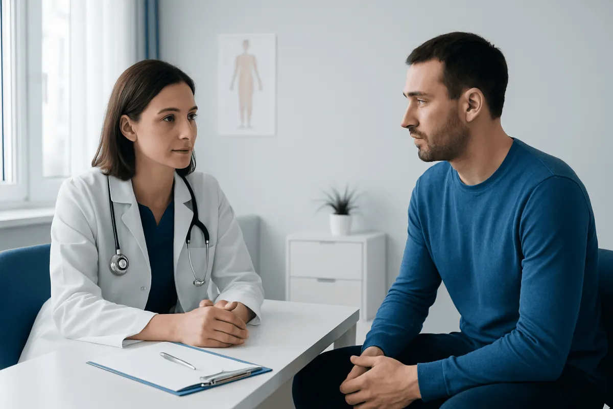 Doctor consulting with male patient in a medical office setting.