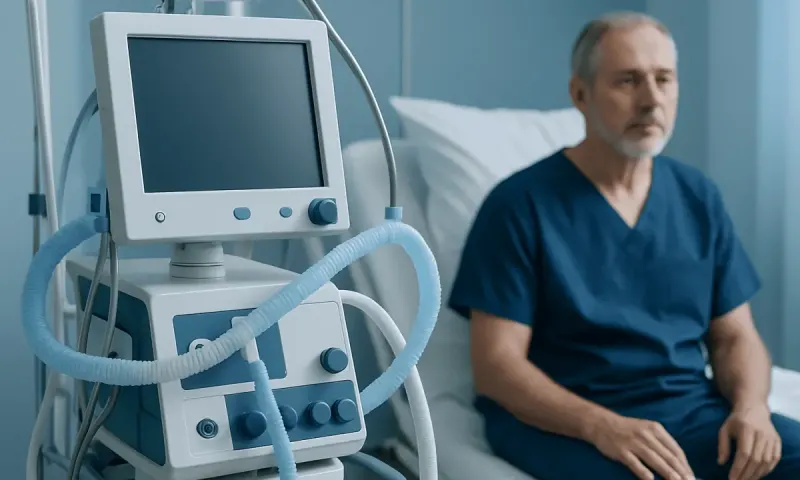 Medical ventilator machine in a hospital room with a patient sitting nearby.