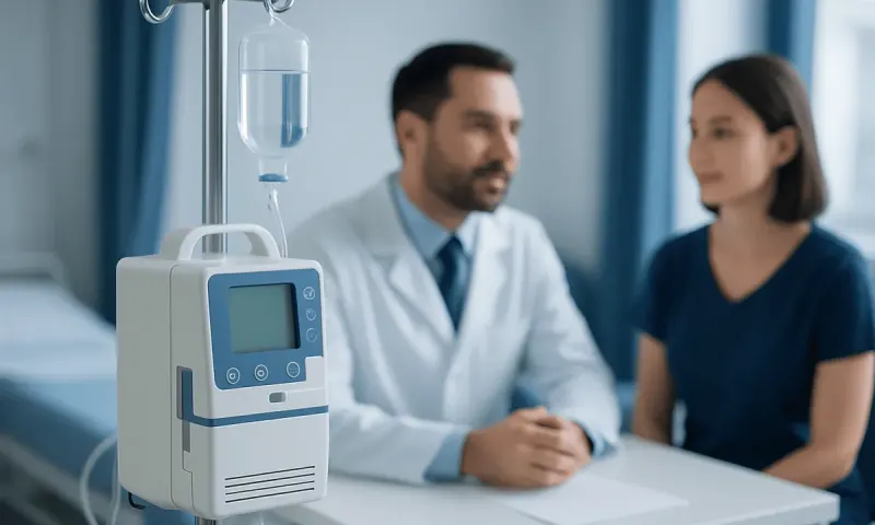 Medical professional consulting a patient in a hospital room with IV equipment.