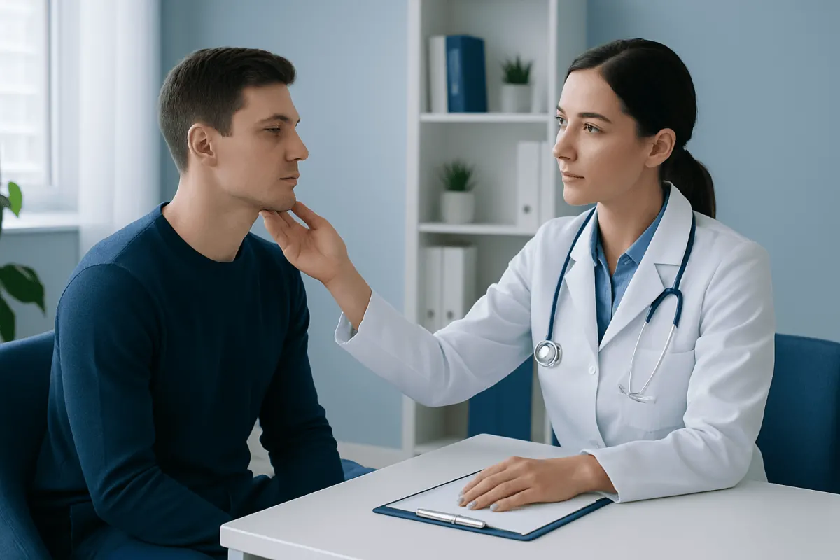 Doctor examining patient's jaw and chin for aesthetic consultation.